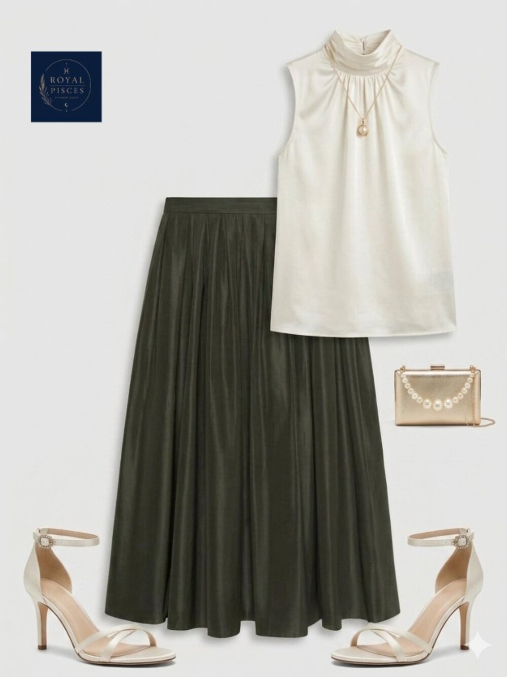 Flowy olive green satin-like skirt with long slit